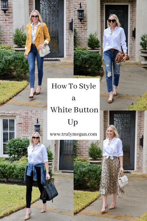 4 Ways To Style The Classic White Button Up - Truly Megan #closetstaple #whitebuttonup #whitebuttondown #graysonshirts #grayson #fashiontip #howtowearawhitebuttondown #styletip #whiteshirt #frenchtuck White Button Up Shirt With Leggings, Styling White Button Up Shirt, How To Style A White Button Up, White Button Up Shirt, White Shirt Outfits, Shirt Outfits, Tiktok Shop, Dallas Fashion, White Button Down Shirt