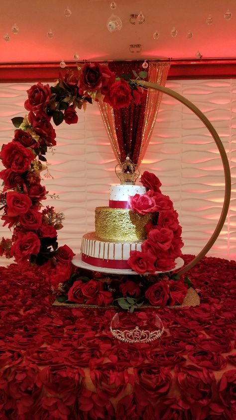 3 tier red gold and red rose Quinceañera cake with red rose cakestand Red 15 Theme, Red Wine Quinceanera Decorations, Red Decorations For Quinceanera, Sweet 16 Party Ideas Red And Gold, Red Roses Centerpieces Quinceanera, Red And Gold Quinceanera Cakes, Pink And Red Quinceanera Decorations, Gold And Red Centerpieces, Red Gold Decorations Party Ideas