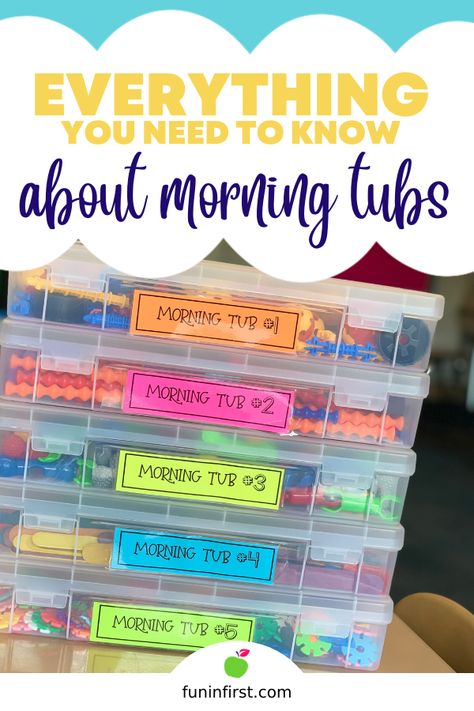 Morning Tub Storage Ideas, Morning Buckets First Grade, Preschool Morning Tubes, Kindergarten Morning Tubes, Morning Centers 1st Grade, Morning Tub Organization, Classroom Morning Tubs, Morning Arrival Activities Preschool, Upper Elementary Morning Tubs