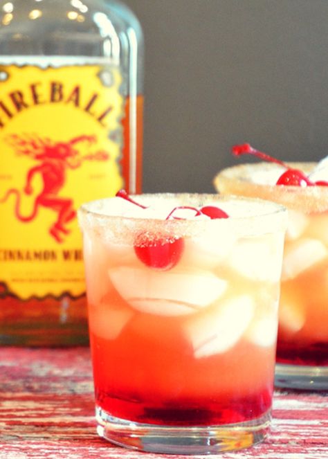 Drinks With Cherry Vodka, Fireball Cherries, Fall Bar Drinks, Fall Themed Alcoholic Drinks, October Cocktails, Fall Themed Drinks, Fireball Whiskey Drinks, Fireball Mixed Drinks, Fireball Drinks Recipes