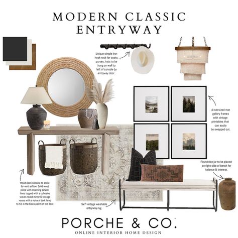 In the blog, the interior designers at Porche & Co are sharing some of our Entryway Decor Virtual Interior Designs. Head over to the blog view these Home Decor Entrance Ideas. We are sharing virtual designs of entryways and home decor entrance ideas and the home accents and home accessories we love. Save this for later! This is great inspiration for your entryway decor. Room Decor | Entryway Decor | Home Decor Accents | Home Decor Entrance | Entrance Mood Board Home Decor Entrance, Decor Entrance, Hall Ideas, Entrance Ideas, Interior Decorating Tips, Gallery Frames, Foyer Decor, Entry Way Design, Decor Entryway