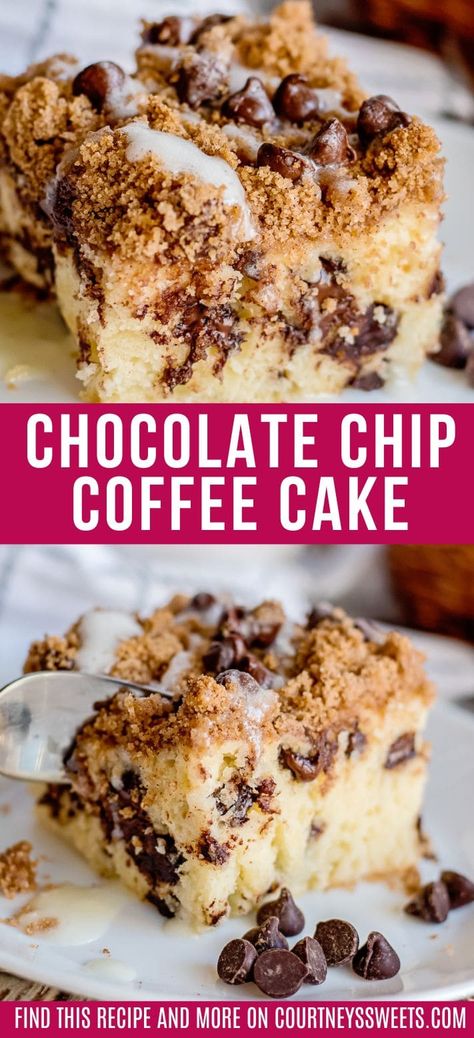 Homemade Chocolate Chip Coffee cake that's light and fluffy, studded with sweet semi sweet chocolate chips, and a delicious crumble topping. Easy Breakfast Cake, Chocolate Chip Coffee Cake, Chocolate Chip Breakfast, Coffee Cake Loaf, Chips Recipes, Breakfast Cakes, The Best Cake Recipes, Chocolate Eclair Cake, Coffee Cake Recipes Easy