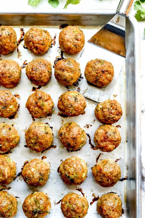 Baked Thai Turkey Meatballs - foodiecrush.com Thai Turkey Meatballs, Thai Meatballs, Baked Turkey Meatballs, Ground Turkey Meatballs, Asian Meatballs, Red Curry Sauce, Turkey Meatballs Baked, Healthy Ground Turkey, Coconut Curry Sauce