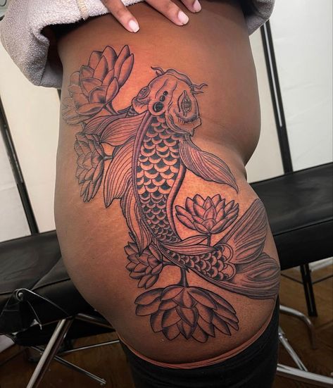 Koi Fish Shoulder Tattoo Women, Koi Fish Tattoo Thigh Lotus Flowers, Koi Fish Side Tattoo, Coi Fish Tattoo Black Women, Koi Fish Tattoo Black Women, Koi Fish Rib Tattoo, Koi Fish Thigh Tattoo, Koi Fish Shoulder Tattoo, Koi Fish Hip Tattoo