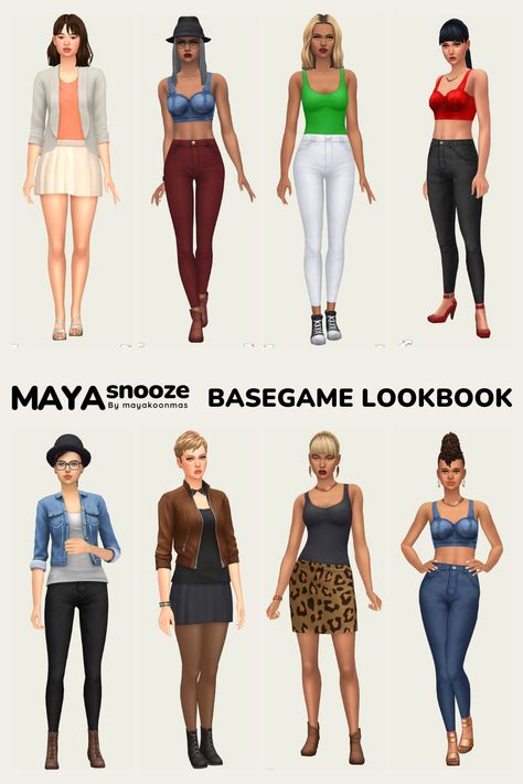 Basegame/  NOCC/ Mod-Free  Download on Patreon/ EA Gallery #MAYAsnooze Sims 4 Lookbooks No Cc, Sims 4 Base Game Outfits Ideas, Sims4 Lookbook, Ts4 Lookbook, Cc Lookbook, Sims Outfits, 4 Family, Sims 4 Family, Sims Packs