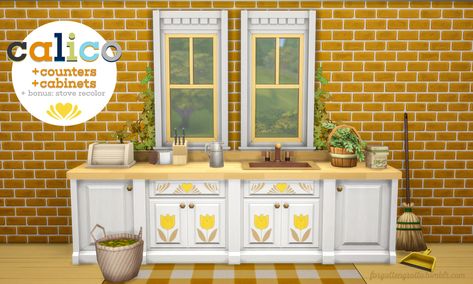 calico counters and cabinets + bonus bronze... : sims ✿ acnh ✿ etc Sims 4 Kitchen Cabinets, Sims 4 Kitchen, Sims 4 Game Mods, Sims Games, Sims 4 Characters, The Sims 4 Download, Sims 4 Update, Sims 4 Cc Packs, Sims 4 Cc Furniture