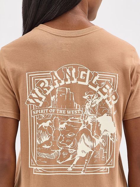 Channel the spirit of the West with a little help from our Women’s Wrangler Retro® Western Back Graphic Tee. This classic crewneck tee features a regular fit that’s not too loose or tight, just perfect. It’s crafted from cotton for an airy feel. Plus, the Wrangler® rope logo at the chest and a retro-inspired print of a bull rider across the back will add some authenticity to any outfit. Western Tees For Women, Cowgirl Closet, Wrangler Women, Bull Rider, Western Tee, Bull Riders, Retro Western, Wrangler Shirts, A Bull