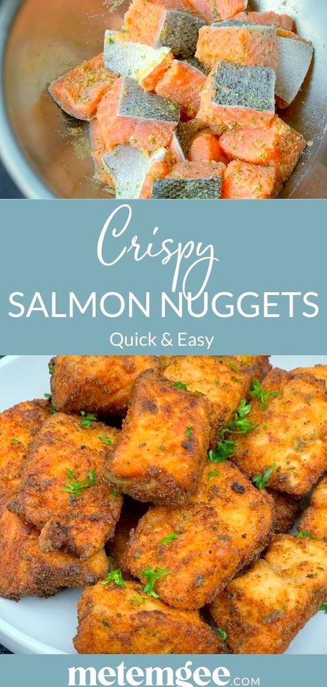 Crispy salmon nuggets are coated in well-seasoned breadcrumbs and then deep-fried to tender golden perfection. This recipe has Whole30 and Paleo options, as well as air fryer and oven instructions. Serve these delicious salmon bites as an appetizer, snack, or main course. Salmon Nuggets, Fried Salmon Recipes, Breaded Salmon, Salmon Bites Recipe, Crispy Salmon, Salmon Bites, Pan Fried Salmon, Nuggets Recipe, Fried Salmon