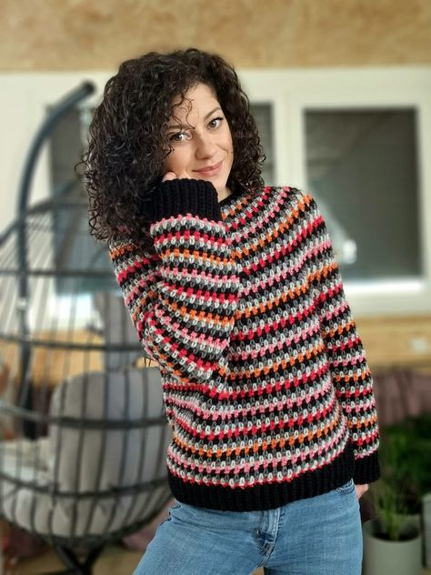 Sweater Crochet Pattern Granny Square, Granny Go Round Jumper Free Pattern, Crochet Scrap Yarn Sweater Pattern Free, Pullover Crochet, Car Trip, Gilet Crochet, Crochet Jumper, Linen Stitch, Knit Ideas