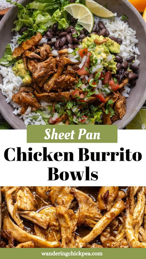 Sheet Pan Chicken Burrito Bowls Sheet Pan Chicken Burrito Bowls, Chicken Black Bean Rice Bowl, Chicken Thigh Rice Bowl, Cuban Chicken Black Bean Rice Bowl, Chicken Rice Black Beans Recipes, Black Bean And Chicken Recipes, Chicken Thigh Burrito Bowl, Healthy Recipes Black People, Chicken And Rice Meal Prep Healthy