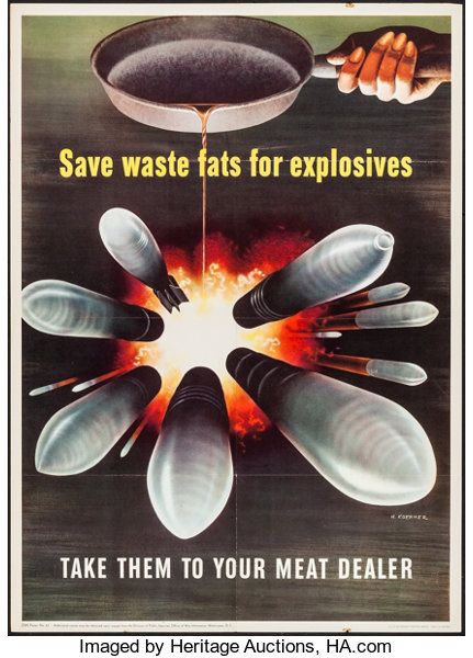 Movie Posters:War, World War II Propaganda (U.S. Government Printing Office, 1943).OWI Poster No. 63 (20" X 28") "Save Waste Fats for E... Posters Science, American Propaganda, Ww2 Propaganda Posters, Ww2 Propaganda, Wwii Posters, Propaganda Posters, Illustration Print, Watercolor Print, Canvas Poster