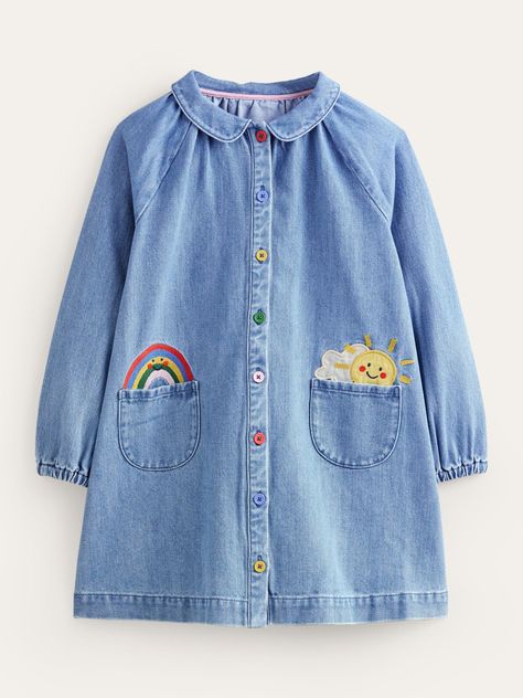 With a fun, weather-inspired design, this long sleeve shirt dress from Mini Boden is spun from gentle, durable cotton.  Pop it on with tights and their favourite shoes to finish off the look. Boden Kids, Cotton Frocks, Applique Shirts, Dress Shapes, Pop It, Mid Dresses, Long Sleeve Shirt Dress, Mini Boden, Kid Stuff