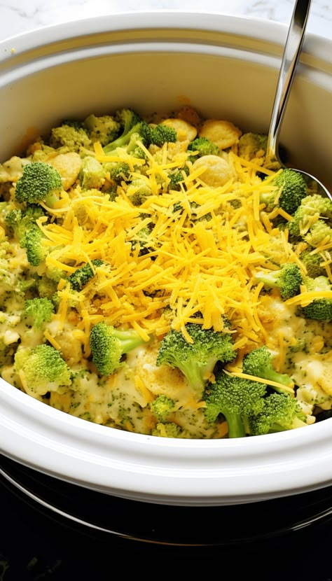 Easy 6-Ingredient Crockpot Cheesy Broccoli Rice Casserole - Crafting a Family Dinner Crockpot Rice And Broccoli, Frozen Broccoli Crockpot, Crockpot Cheesy Rice And Broccoli, Crockpot Broccoli And Cheese Casserole, Broccoli Cauliflower Crockpot Recipes, Chicken Broccoli Rice Cheese Crockpot, Pot Luck Sides Easy, Ham Broccoli Rice Casserole Crock Pot, Chicken Broccoli Rice Casserole Crockpot Easy Recipes