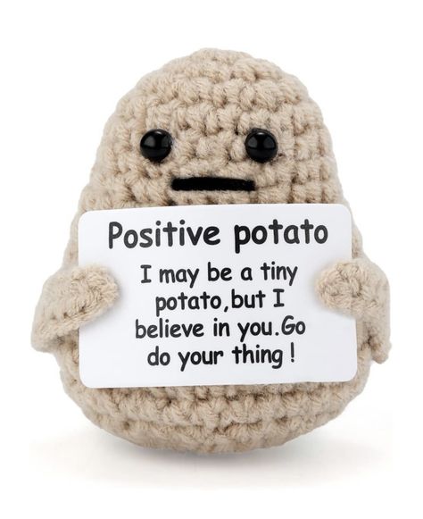 Knitted positive potato gift. Has encouraging message. #affiliatelink #positive #potato #gift Positive Potato, Mini Funny, Pickle Gifts, Cheer Up Gifts, Diy Projektit, Positive Gift, Handmade Plush, Knitted Dolls, Valentines Day Decorations