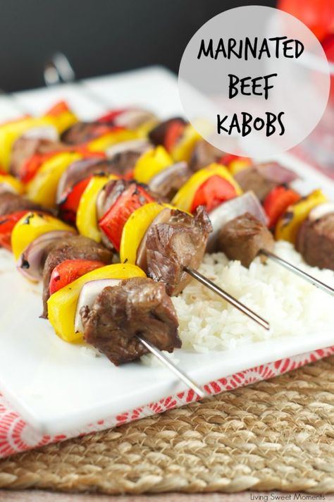 Marinated Beef Kabobs Recipe: delicious grilled beef and veggies served over a bed of rice. Perfect quick dinner idea for a weeknight or a get together. Steak Kabob Marinade, Marinated Beef Kabobs, Beef Kabob Marinade, Kabob Marinade, Beef Kabob Recipes, Creative Meals, Steak Kabobs, Kabob Skewers, Beef Kabobs