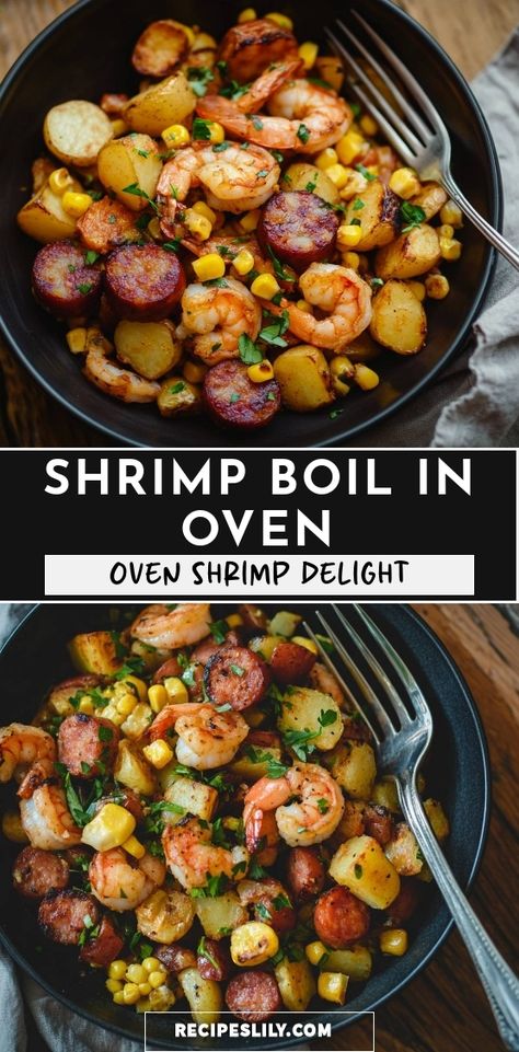 I love making this Oven Shrimp Boil! It's a perfect one-pan dish filled with juicy shrimp, tender potatoes, smoky sausage, and sweet corn. The flavors meld beautifully in the oven, creating a delightful meal that's both easy to prepare and absolutely delicious. Perfect for gatherings or a cozy dinner at home! One Pan Shrimp Boil, Sheet Pan Shrimp Boil In Oven, Seafood Sheet Pan Dinners, Shrimp Sausage Recipes, Baked Seafood Boil, Baked Shrimp Recipes Oven, Oven Shrimp Boil, Shrimp And Sausage Recipes, Oven Shrimp