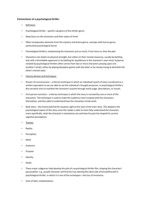 Conventions of a psychological thriller • Definition • Psychological thriller - specific sub genre of the thriller... How To Write Psychological Thrillers, Psychological Thriller Writing Tips, How To Write Thriller, Writing Psychological Horror, Psychological Thriller Prompts, Writing Psychological Thriller, Psychological Horror Story Prompts, How To Write A Thriller Novel, How To Write A Psychological Thriller