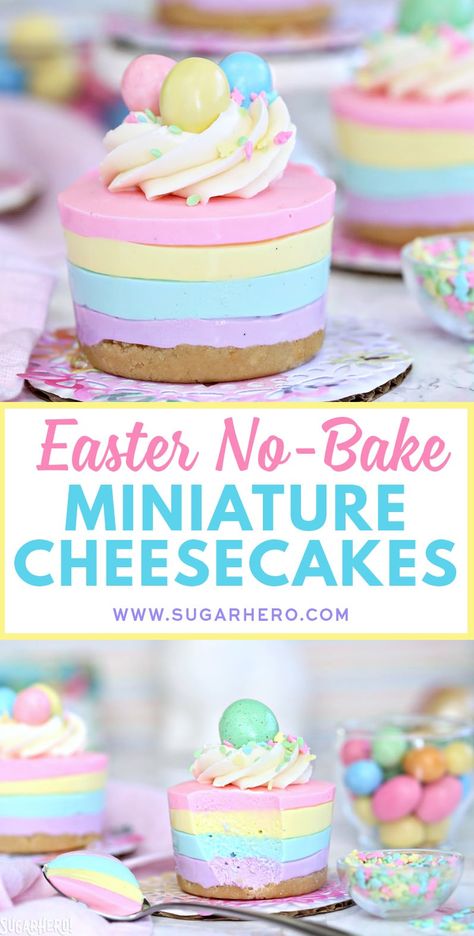 Easter No-Bake Mini Cheesecakes - pastel striped cheesecakes that are super easy, no baking required! | From SugarHero.com #easter #easterdessert #nobakedessert #cheesecake #nobakecheesecake #pasteldessert #pastelrainbow Easter Cheesecake, Biscotti Cheesecake, Pastel Desserts, Easy Easter Desserts, Easter Snacks, Easter Sweets, Easter Desserts Recipes, Easter Baking, Bake Cheesecake