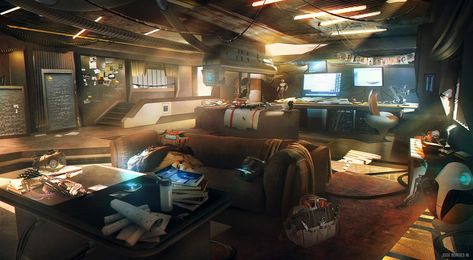 All I need is a computer and a bed - Album on Imgur Sci Fi Apartment, Cyberpunk Interior Design, Cyberpunk Apartment, Cyberpunk Interior, Scifi Interior, Art Cyberpunk, Spaceship Interior, Sci Fi City, Sci Fi Environment