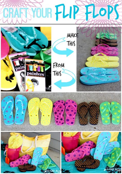 Craft Your Flip Flops - Sugar Bee Crafts Painted Flip Flops, Decorate Flip Flops, Flip Flops Diy, Spa Sleepover, Recital Gifts, Shoes Tutorial, Flip Flop Craft, Toddler Games, Love The Process