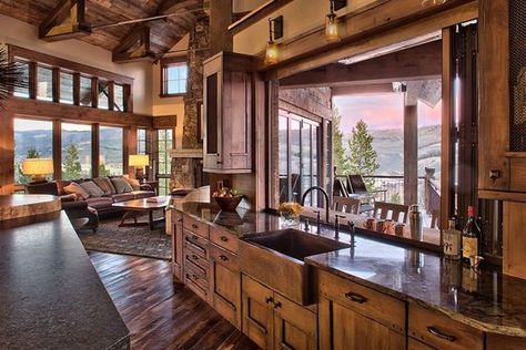 Rustic ranch house in Colorado opens to the mountains 1905 Kitchen, Alaskan Cabin, Rustic Ranch House, House In Colorado, Rustic Farmhouse Kitchen Cabinets, Luxury Cabins, Chalet Design, Cabin Kitchens, Rustic Farmhouse Kitchen