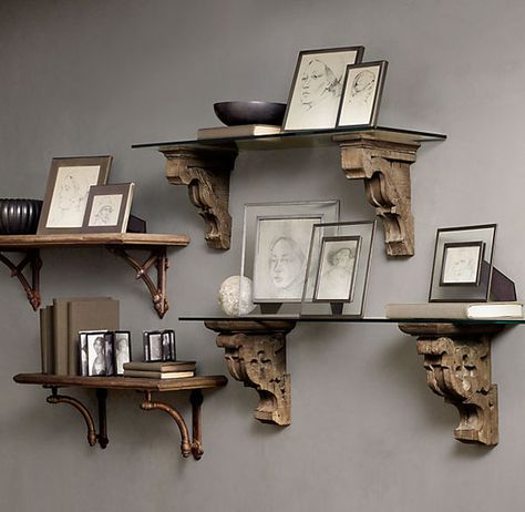 Love the mix of corbels used to make this grouping of display shelves. Decorative Shelving Ideas, Wall Medallion, Furniture Placement Living Room, Corbel Shelf, Log House, Vanity Ideas, Furniture Placement, House Accessories, Trendy Living Rooms