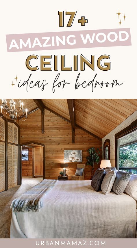 wood ceiling ideas for bedroom Wood Ceiling Stain Ideas, Rustic Vaulted Ceiling Ideas, Bedroom Ideas With Wood Ceiling, Vaulted Ceiling With Wood Beams Bedroom, Different Types Of Wood Ceilings, Bedrooms With Wood Ceilings, Bedroom With Wooden Ceiling, Log Cabin Ceiling Ideas, Rustic Cabin Ceiling Ideas