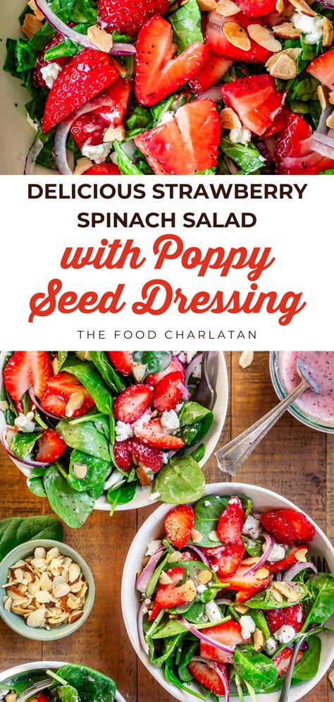 I have discovered the secret for a Strawberry Spinach Salad recipe that doesn’t make me feel like a dinosaur chomping on tree leaves. Say goodbye to stems in your teeth; this Spinach salad is chopped, and can I just say, COMES THROUGH with the strawberries.Add a sweet, tangy, pretty-in-pink poppyseed dressing. Perfect for showers, brunch, or a main with grilled chicken. Strawberry Spinach Salad With Poppyseed Dressing, Salad Recipes With Spinach, Spinach Recipes Salad, Strawberry Spinach Salad Dressing, Strawberry Healthy Recipes, Strawberry Spinach Salad With Poppyseed, Spinach And Strawberry Salad, Salad Lab, Fruit Sides