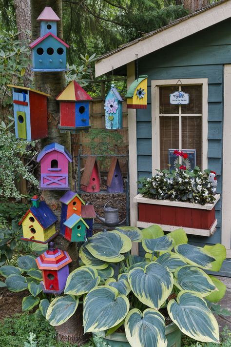 Colorful Birdhouse on tree trunk. Birdhouse Garden Ideas Yards, Whimsical Bird Houses Painted, Birdhouse Tree, Whimsical Bird Houses, Colorful Birdhouses, Bird House Painting Ideas Aesthetic, Bird Houses Painted Colorful, Birdhouse With Flowers, Bird Houses Ideas