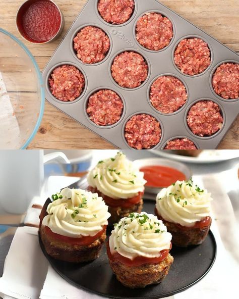 Cupcake Tin Meatloaf, Meatloaf Muffins With Mashed Potatoes, Meatloaf In Cupcake Tins, Meatloaf Cups Recipes, Meatloaf Recipes Cupcakes Muffin Tins, Meatloaf Muffin Tin, Muffin Tins Recipes, Meatloaf Cupcakes With Mashed Potatoes, Meatloaf In Muffin Tin