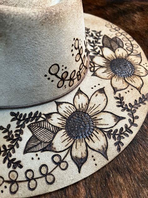 Wood Burning Hat Ideas, Felt Burned Hats, Wood Burn Felt Hats, Black Burned Felt Hat, Wood Burned Hats, Felt Hat Burning, Burned Hats For Women, Wood Burned Felt Hat, Woodburned Felt Hat