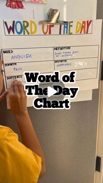 Kiddiegram - Afra & Atiya on Instagram: "WORD OF THE DAY CHART 📊📕  A good way to help add to your child’s English vocabulary is to use a WORD OF THE DAY chart. Have it put up on their pin board and everyday write a new fancy word they might not know using a marker.  Discuss the new word with your child and have them make a sentence using that word to further strengthen their understanding and memory.   Try this out for a month and see the difference.   Save & share with a mom who might need it!   #kiddiegramhacks #improvingvocabulary #improvingenglish #kidsvocabularybuilder #indianmom #kiddiegram" Everyday Vocabulary Words, Word Of The Day With Sentence, Sentence Of The Day, Word Of The Day Vocabulary, New Words With Meaning, Word Definition, Vocabulary English, Classroom Charts, Vocabulary Builder