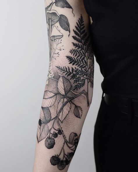 Tattooer, Wroclaw, Poland on Instagram: “Second session of the dark forest sleeve 🖤🖤 @nasza_tattoo_shop #illustration #dżolama #sleeve #forest #mushrooms #ink #graphic #black…” Foliage Half Sleeve Tattoo, Woodland Sleeve Tattoo For Women, Forest Half Sleeve Tattoo Women, Forest Filler Tattoo, Abstract Chest Tattoo Female, Forest Forearm Tattoo Women, Womens Nature Sleeve Tattoo, Nature Tattoo Cover Up, Fern Floral Tattoo