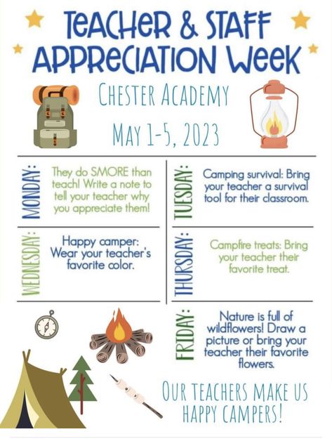 Camp Theme Staff Appreciation, Camp Teacher Appreciation Week, Camping Theme Teacher Appreciation Week, Teacher Appreciation Camping Theme, Camping Teacher Appreciation Week, School Bus Driver Appreciation, Teacher Appreciation Lunch, Teacher Appreciation Week Themes, Teacher Appreciation Themes