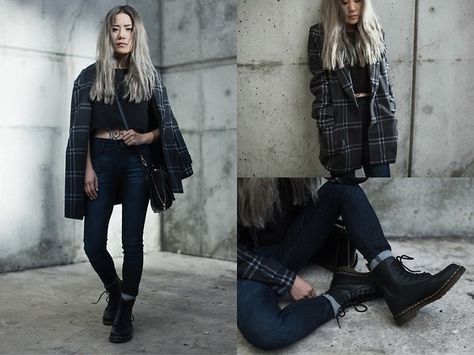 Joa Classic Plaid Coat, Dailylook Boxy Crop Top, Dr. Martens Pascal Boots In Virginia Dr Martens Pascal Virginia Outfit, Dr Martens Pascal Outfit, Fall Street Styles, Virginia Grey, Dr Martens Pascal, Green Jacket Women, Casual Grunge, Street Style Fall Winter, Boxy Crop Top