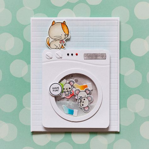 Washing machine shaker card - Project Idea - Scrapbook.com Mft Cards, Mft Stamps, Interactive Cards, Cat Cards, Shaker Cards, Birthday Cards Diy, Card Challenges, Animal Cards, Pop Up Cards