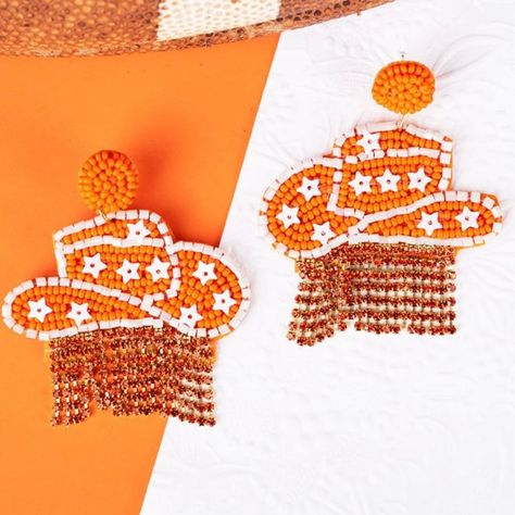 Brand New Hypoallergenic Posts Team Colors Seed Beaded Rhinestone Fringe 2.5" Drop Tennessee Vols Football, Cowgirl Rhinestone, Vols Football, Tennessee Vols, Ut Austin, Rhinestone Fringe, Beaded Hat, Rhinestone Bead, Orange White