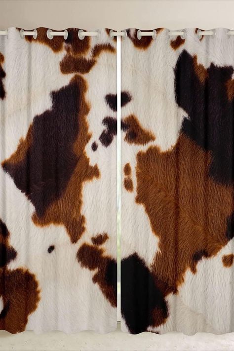 cowhide western curtains western bedroom Western Curtains, Window Curtain Designs, Teens Bedroom, White Cow Print, Western Bedroom, Highland Cow Print, Animal Fur, Kids Curtains, White Cow