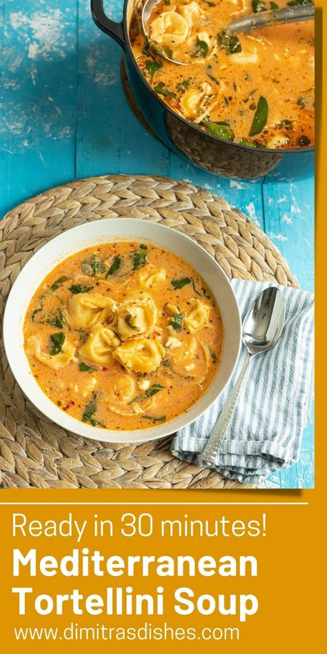 Best Fall comfort food: Mediterranean Tortellini Soup with spinach, chicken and feta cheese. Mediterranean Crockpot Soup, Soup With Feta Cheese, Meteranian Soup Recipes, Easy Mediterranean Diet Soup Recipes, Mediterranean Recipes Soup, Mediterranean Diet Recipes For Fall, Mediterranean Fall Recipes, Mediterranean Diet Fall Recipes, Medditeranean Soup Recipes