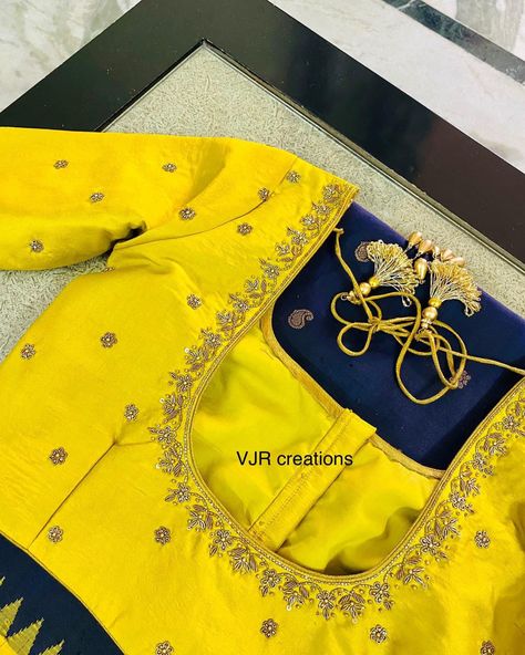 Simple Yellow Work Blouse Designs, Small Maggam Work Designs, Yellow Blouse Work Designs, Yellow Blouse Design Silk, Yellow Maggam Work Blouses, Knot Work Embroidery Blouse, Yellow Blouse Maggam Work, Yellow Blouse Designs, Green Blouse Designs