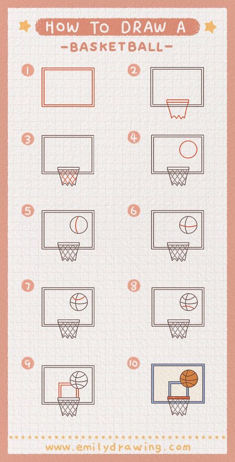 Learn step-by-step how to draw a basketball, including the backboard, hoop, and details. Unleash your creativity and create your own masterpiece! Start drawing today! How To Draw A Basketball Court, Draw A Basketball, Basketball Tutorial, Simple Animals, Disney Drawing Tutorial, Hoop Net, Basketball Drawings, Art Books For Kids, Basket Drawing