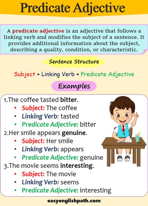 Understanding Predicate Adjectives: Types & Examples in English. Predicate Adjective in English Predicate Adjectives, Adjective Of Quality, Adjectives Of Quality And Quantity, Degree Of Adjectives, Advanced Adjectives, Adjectives Exercises, Examples Of Adjectives, Parts Of A Sentence, Superlative Adjectives