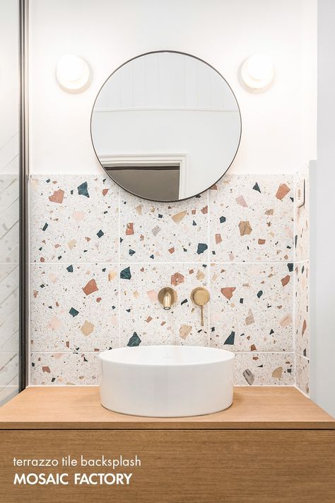 Who said Terrazzo is for floors only? As beautifully showcased in @lucyaxam_design bathroom design, Mosaic Factory Terrazzo tiles can be used on a wide range of surfaces, including walls and countertops. Its versatility creates room for this original and playful backsplash. Photography by (IG) kat.kolkovaFeatured terrazzo is ref. W3S from our Wild Terrazzo Collection, which includes 6 different textures and colourways. Head over to our website and discover them all! Terazzo Bathroom Wall Tiles, Terrazzo Bathroom Vanity, Terrazo Bathroom Floor, Terrazo Tiles Bathroom, Terrazzo Tiles Bathroom, Terrazzo Bathroom Design, Terrazzo Backsplash, Terrazzo Bathroom, Toilet Ideas