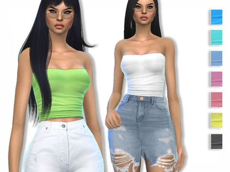 Summer Tube Top, Cc Clothing, Green Tube Top, Summer Tube, Clothes Cc, Sims 4 Tsr, Cc Clothes, White Tube Top, Strapless Shirt