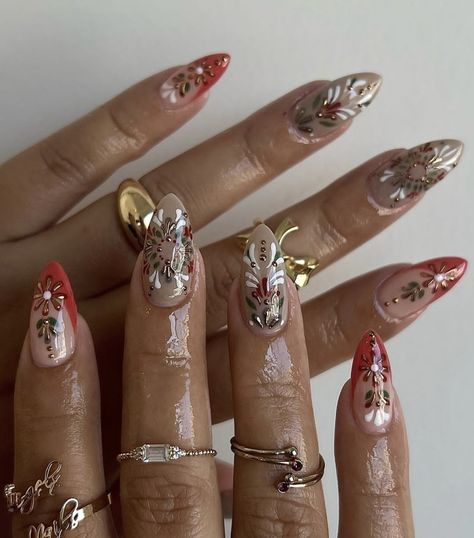 Red French Tip Nails Christmas, French Tip Nails Christmas, Nails Red And Gold, Nails Red French Tip, Nails Red French, Red French Tip Nails, Bohemian Nails, Press On Nails Red, Red French Tip