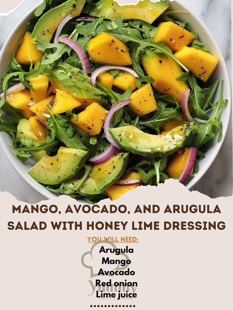 🥭🥑 Dive into the fresh flavors of Mango, Avocado, and Arugula Salad with Honey Lime Dressing! Light and zesty. #SummerSaladSensation Mango, Avocado, and Arugula Salad with Honey Lime Dressing Ingredients: Arugula (3 cups) Mango, peeled and sliced (1) Avocado, sliced (1) Red onion, thinly sliced (1/4 cup) Lime juice (2 tbsp) Honey (1 tbsp) Olive oil (3 tbsp) Instructions: In a large bowl, combine arugula, mango, avocado, and onion. Whisk together lime juice, honey, and olive oil. Toss salad ... Honey Lime Dressing, Tossed Salad, Honey Lime, Arugula Salad, Arugula, Lime Juice, Summer Salads, Healthy Lunch, Mango