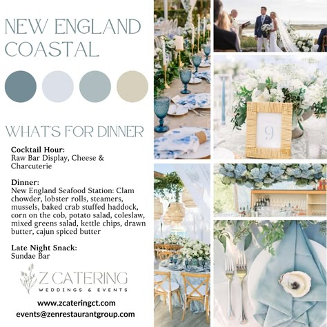 Seaside Serenity and Love in Full Sail ⚓🌊 Dive into the charm of a New England coastal wedding with our enchanting mood board. Soft sands, gentle waves, and coastal breezes set the scene for a nautical-inspired celebration that's as breathtaking as the ocean views. 🦞💙 #NewEnglandCoastalWedding #SeasideSerenity #NauticalLoveStory Coastal Wedding Ideas Decor, Coastal Wedding Palette, Coastal Farmhouse Wedding, September Coastal Wedding, Coastal Wedding Ideas Color Palettes, Summer Coastal Wedding, Vintage Coastal Wedding, Coastal Fall Wedding, Coastal New England Wedding