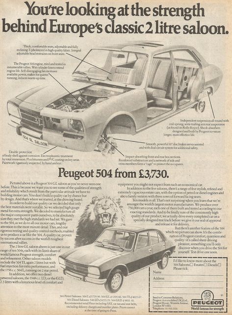 1978 PEUGEOT 504 ADVERT Peugeot France, Cars Poster, Peugeot 504, Peugeot 508, Citroen Ds, Car Posters, Car Ads, Dieselpunk, Peugeot