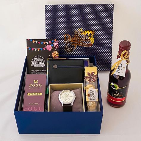 Angroos on Instagram: “Special customized birthday gifts hamper GB 79009 #happybirthday #giftsforhim#birthdaygirl #gifts#timexwatch #fogg #sparklingwine…” Fiance Birthday Gift, Gifts Hamper, Birthday Gift Ideas For Him, Sparkling Grape Juice, Wedding Gift Hampers, Luxury Birthday Gifts, Best Gift For Husband, Fiance Birthday, Birthday Gifts For Brother