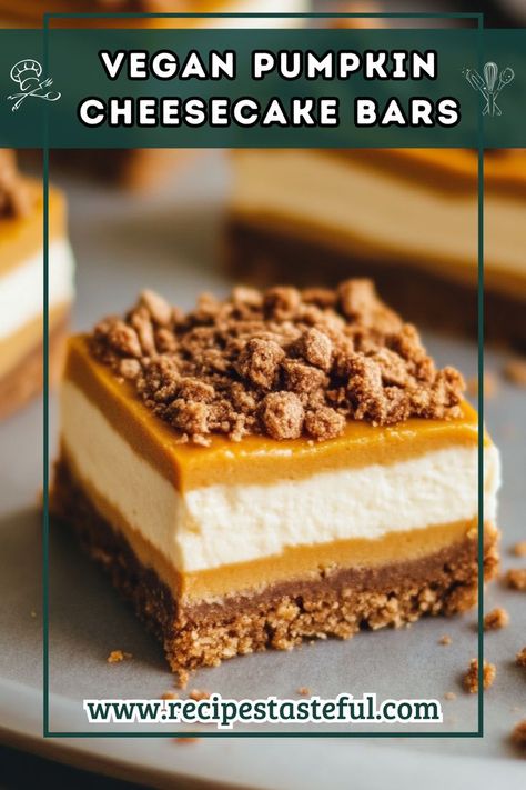 These Vegan Pumpkin Cheesecake Bars combine the creamy texture of vegan cheesecake with warm, cozy flavors of pumpkin. Perfect for fall or anytime you crave a decadent dessert! Pumpkin Vegan Cheesecake, Vegan Pumpkin Pie Cheesecake, Cheesecake Recipes Vegan, Vegan Pumpkin Cheesecake Bars, Vegan Sweet Potato Cheesecake, Vegan Gluten Free Thanksgiving Recipes, Vegan Pumpkin Dessert, Vegan Pumpkin Bars, Vegan Pumpkin Cheesecake